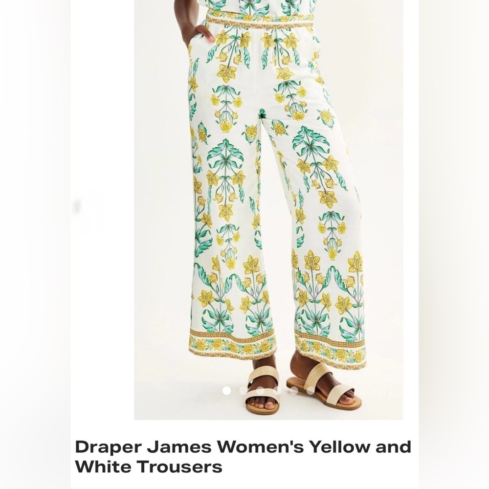 White Linen-Style Floral Wide Leg Pants with Blue & Yellow Print